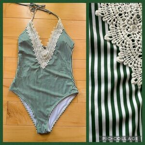 Cupshe Kelly Green Stripes & Lace Plunge One-Piece